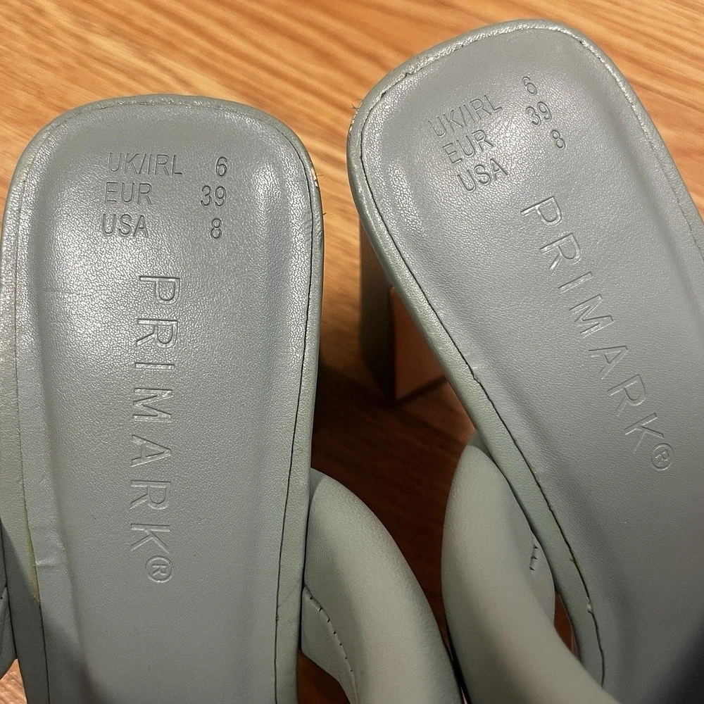 Primark Women's Heeled Mules Size 8 Light Green Padded Straps Modern Party Glam